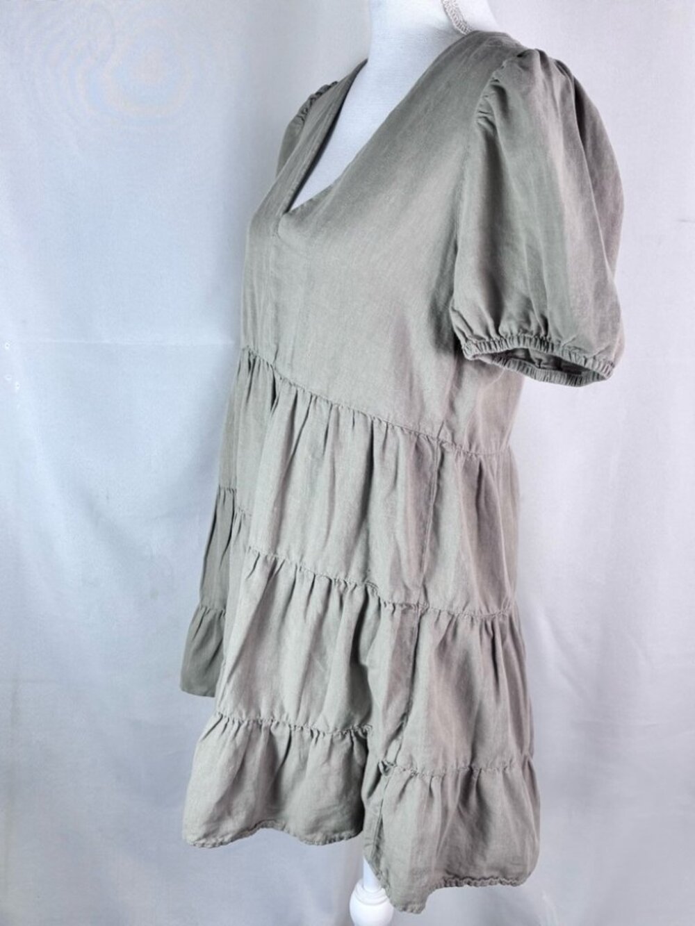 ZARA Linen Blend Tiered Babydoll Mini Dress Taupe Khaki Puff Sleeve Medium - Picture 4 of 9